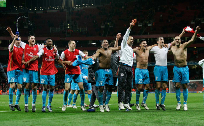 PSV Eindhoven's players pictured celebrating in 2007 after knocking Arsenal out of the Champions League